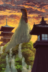 Rule 34 | animal, architecture, bird, building, chicken, creature, east asian architecture, highres, monster, oversized animal, scenery, sky, sunset, toy(e), traditional youkai, yuugai choujuu