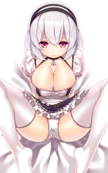 Rule 34 | 1girl, anchor choker, apron, arms behind back, ass, azur lane, black skirt, breasts, choker, cleavage, clothes lift, hairband, knees up, lace-trimmed hairband, lace trim, large breasts, legs, panties, red eyes, short hair, silver hair, simple background, sirius (azur lane), skirt, skirt lift, solo, thighhighs, thighs, underwear, usume shirou, waist apron, white apron, white background, white panties, white thighhighs