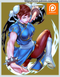Rule 34 | 1girl, blue dress, boots, bracelet, brown eyes, brown hair, brown pantyhose, bun cover, capcom, china dress, chinese clothes, chun-li, double bun, dress, earrings, fighting stance, hair bun, jewelry, kicking, muscular, pantyhose, pelvic curtain, puffy short sleeves, puffy sleeves, sash, short sleeves, side slit, solo, spiked bracelet, spikes, street fighter, thick thighs, thighs, white footwear, xong