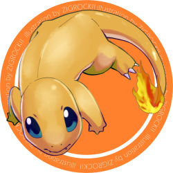 Rule 34 | artist name, blue eyes, charmander, closed mouth, creatures (company), fangs, fangs out, fire, from above, full body, game freak, gen 1 pokemon, highres, nintendo, no humans, pokemon, pokemon (creature), zigrock