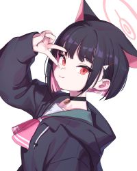 Rule 34 | 1girl, :t, animal ears, black choker, black hair, black jacket, blue archive, choker, commentary, food in mouth, hair ornament, hairclip, halo, highres, hood, hood down, hooded jacket, jacket, kazusa (blue archive), long sleeves, looking at viewer, multicolored hair, neckerchief, pink hair, pink neckerchief, red eyes, sakanasana, short hair, simple background, solo, symbol-only commentary, upper body, v, v over eye, white background