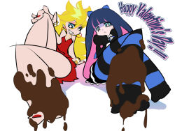 Rule 34 | 10s, 2girls, barefoot, blonde hair, chocolate, chocolate on foot, dress, feet, foreshortening, frown, goth fashion, jewelry, kuma kichi, multicolored hair, multiple girls, nail polish, panty &amp; stocking with garterbelt, panty (psg), smile, smirk, stocking (psg), striped clothes, striped legwear, striped thighhighs, thighhighs, two-tone hair, valentine