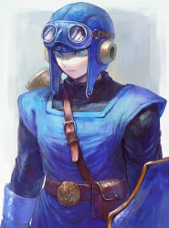 Rule 34 | 1boy, belt, blue eyes, dragon quest, dragon quest ii, gloves, goggles, goggles on headwear, hat, highres, male focus, prince of lorasia, shield, simple background, solo, yuza