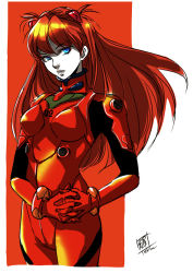 Rule 34 | 1girl, blue eyes, breasts, breasts apart, colored skin, cowboy shot, hair between eyes, hair ornament, interlocked fingers, lips, long hair, neon genesis evangelion, outside border, own hands clasped, own hands together, plugsuit, red background, red hair, signature, simple background, solo, souryuu asuka langley, standing, teruchan, two side up, white background, white skin