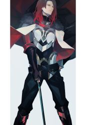 Rule 34 | 1boy, armor, cape, closed mouth, commentary request, fate/grand order, fate (series), fur trim, gloves, green eyes, holding, knights of the round table (fate), long hair, looking at viewer, male focus, red hair, sei 8220, solo, tristan (fate), weapon