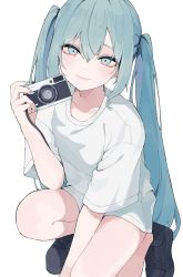 Rule 34 | 1girl, absurdres, bad id, bad twitter id, camera, closed mouth, collarbone, fingernails, hair between eyes, hatsune miku, highres, hilu0118, holding, holding camera, light smile, long fingernails, long hair, shirt, simple background, solo, squatting, twintails, very long fingernails, very long hair, vocaloid, white background, white shirt
