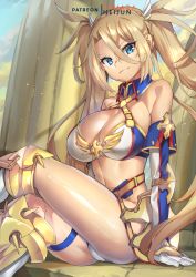 Rule 34 | 1girl, absurdres, arm support, bare shoulders, blonde hair, blue eyes, blush, bradamante (fate), bradamante (third ascension) (fate), braid, breasts, cleavage, commentary request, criss-cross halter, crossed legs, detached collar, elbow gloves, fate/grand order, fate (series), french braid, gloves, hair between eyes, hair ribbon, halterneck, has bad revision, has downscaled revision, highres, large breasts, long eyelashes, long hair, looking at viewer, md5 mismatch, navel, nouh youbu, panties, resolution mismatch, revision, ribbon, shiny skin, sitting, skindentation, smile, solo, source smaller, thigh strap, thighs, twintails, underwear, very long hair, white panties