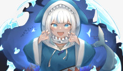 Rule 34 | 1girl, :d, absurdres, animal costume, animal hood, black nails, blue eyes, blue hair, blue hoodie, blunt bangs, commentary, cover, cover page, english commentary, fins, fish tail, gawr gura, gawr gura (1st costume), highres, hololive, hololive english, hood, hoodie, long sleeves, looking at viewer, medium hair, multicolored hair, nail polish, nori (nori artwork), open mouth, shark costume, shark girl, shark hood, shark tail, sharp teeth, silver hair, smile, solo, streaked hair, tail, teeth, upper body, upper teeth only, virtual youtuber, wide sleeves