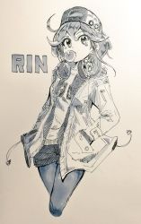 Rule 34 | 1girl, alternate costume, blowing bubbles, character name, cropped legs, hands in pockets, hat, hat ornament, headphones, headphones around neck, highres, jacket, medium hair, monochrome, open clothes, open jacket, rin (yu-gi-oh!), sea whites, solo, traditional media, yu-gi-oh!, yu-gi-oh! arc-v