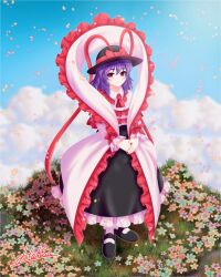 Rule 34 | 1girl, ascot, black footwear, black hat, black skirt, blue sky, bow, closed mouth, cloud, commentary request, commission, flower, frilled shawl, frills, full body, hakua illustrat, hat, hat bow, highres, long sleeves, looking at viewer, nagae iku, outdoors, purple hair, red ascot, red bow, red eyes, shawl, short hair, signature, skeb commission, skirt, sky, smile, solo, touhou