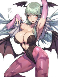 Rule 34 | 1girl, absurdres, animal print, armpits, bare shoulders, bat print, black leotard, blush, breasts, bridal gauntlets, capcom, cleavage, clothing cutout, covered erect nipples, covered navel, cowboy shot, curvy, dated, demon girl, eyebrows hidden by hair, fingernails, green eyes, green hair, head wings, heart cutout, highleg, highleg leotard, highres, jinlin, large breasts, leotard, long fingernails, long hair, looking at viewer, low wings, morrigan aensland, muscular, muscular female, pantyhose, pink pantyhose, pointy ears, purple pantyhose, simple background, solo, thighs, tongue, tongue out, tsurime, vampire (game), vampire (vocaloid), vocaloid, white background, wings