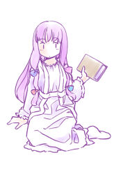 Rule 34 | 1girl, :o, adapted costume, blue bow, book, bow, dress, frilled dress, frilled sleeves, frills, full body, hair bow, hand up, holding, holding book, long hair, long sleeves, looking at object, no headwear, patchouli knowledge, purple hair, rangycrow, red bow, sidelocks, simple background, sitting, socks, solo, touhou, white background, white dress, white socks, wide sleeves