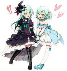 Rule 34 | !, !!, 2girls, :d, akasata, aqua choker, aqua hair, aqua neckwear, arm warmers, back bow, bang dream!, bare shoulders, black bow, black choker, black feathers, black flower, black footwear, black rose, blue bow, blue flower, blue footwear, blue rose, boots, bow, braid, brooch, choker, collarbone, detached sleeves, dress, feather hair ornament, feathers, flower, frilled dress, frilled sleeves, frills, green eyes, hair between eyes, hair bow, hair flower, hair ornament, hair ribbon, heart, high heels, hikawa hina, hikawa sayo, holding hands, jewelry, knee boots, lace, lace choker, long hair, looking at another, multiple girls, neck ribbon, open mouth, over-kneehighs, overskirt, purple feathers, ribbon, rose, short hair, short sleeves, siblings, side braids, simple background, sisters, smile, strapless, strapless dress, teeth, thighhighs, twins, upper teeth only, v-shaped eyebrows, white background, white legwear, white ribbon, wrist bow, yellow bow