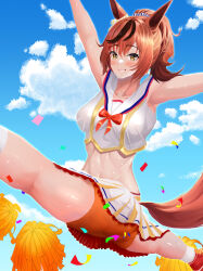 Rule 34 | 1girl, animal ears, arm up, blue sky, blush, breasts, brown eyes, cheerleader, cloud, cloudy sky, commentary, confetti, cropped shirt, highres, horse ears, horse girl, horse tail, kneepits, looking at viewer, medium breasts, medium hair, mushi3104, nice nature (run&amp;win) (umamusume), nice nature (umamusume), official alternate costume, official alternate hairstyle, open clothes, open mouth, orange shorts, outdoors, ponytail, shirt, short shorts, shorts, skirt, sky, sleeveless, sleeveless shirt, smile, solo, tail, thigh strap, umamusume, white shirt, white skirt