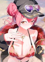 Rule 34 | 1girl, absurdres, baseball cap, bikini, black hat, black jacket, blush, breasts, cleavage, eyewear on head, gold necklace, gurumie, hair bun, hat, heart, heart-shaped eyewear, heart necklace, heterochromia, highres, hololive, houshou marine, houshou marine (summer), jacket, jewelry, large breasts, long hair, looking at viewer, necklace, official alternate costume, red bikini, red eyes, red jacket, sand, single hair bun, solo, sunglasses, swimsuit, thigh strap, tongue, tongue out, two-sided fabric, two-sided jacket, virtual youtuber, yellow eyes