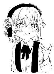 Rule 34 | 1girl, beret, blush, collared shirt, commentary request, cropped torso, dress shirt, fangs, flower, greyscale, hair flower, hair ornament, hair ribbon, hand up, hat, hatoba tsugu, index finger raised, long sleeves, looking at viewer, mole, mole under eye, monochrome, neck ribbon, open mouth, ribbon, rose, shirt, short hair, simple background, smile, solo, suspenders, tonmoh, tsugu (vtuber), upper body, virtual youtuber