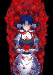 Rule 34 | 1girl, apron, axia-chan, black border, black bow, blue hair, border, bouquet, bow, breasts, ciel (tsukihime), covered eyes, covering another&#039;s eyes, elesia, flower, flower request, own hands clasped, highres, juliet sleeves, long sleeves, medium breasts, own hands together, puffy sleeves, content rating, short hair, solo, solo focus, tsukihime