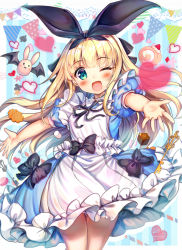 Rule 34 | 1girl, :d, akabane (zebrasmise), apron, aqua eyes, bat wings, black bow, black ribbon, blonde hair, blue dress, blush, bow, commentary request, cowboy shot, dress, floating hair, food, frilled dress, frills, hair ribbon, hairband, heart, key, long hair, looking at viewer, marshmallow, mononobe alice, mononobe alice (1st costume), neck ribbon, nijisanji, one eye closed, open mouth, outstretched arms, outstretched hand, puffy short sleeves, puffy sleeves, ribbon, short sleeves, sidelocks, smile, solo, stuffed animal, stuffed rabbit, stuffed toy, tareme, virtual youtuber, white apron, wings