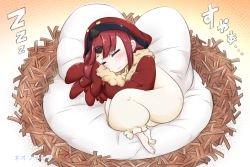 Rule 34 | 1girl, artist name, barefoot, benienma (fate), bird costume, bird hood, bird nest, blush, closed mouth, commentary request, fate/grand order, fate (series), fur trim, highres, hood, hood up, long sleeves, lying, neon-tetora, on side, pillow, red hair, sleeping, sleeves past fingers, sleeves past wrists, smile, soles, solo, translation request, zzz