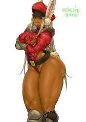 Rule 34 | 1girl, animal ears, armor, arms under breasts, ass, boku no hero academia, cosplay, covered abs, covered erect nipples, crossed arms, dark-skinned female, dark skin, fang, fang out, fingernails, hat, highres, light smile, long hair, m. bison, m bison (cosplay), mirko, peaked cap, rabbit ears, rabbit girl, rabbit tail, red hat, sharp fingernails, shosho oekaki, shoulder armor, simple background, solo, standing, street fighter, tail, thick thighs, thighs, white background, white hair