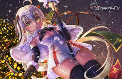 Rule 34 | 1girl, ahoge, bell, between legs, bikini, bikini top only, black gloves, black ribbon, black thighhighs, blonde hair, capelet, christmas tree, commentary, dress, elbow gloves, fate/grand order, fate (series), flat chest, freeze-ex, from below, gloves, hair ribbon, headpiece, jeanne d&#039;arc (fate), jeanne d&#039;arc alter santa lily (fate), long hair, night, outdoors, ribbon, short dress, snow, snowing, solo, staff, swimsuit, thighhighs, very long hair, yellow eyes