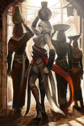 Rule 34 | 4girls, altair ibn la-ahad, assassin&#039;s creed, assassin&#039;s creed (series), blade, breasts, covered eyes, female focus, gender request, genderswap, concealed weapon, hidden blade (assassin&#039;s creed), hood, lipstick, makeup, multiple girls, object on head, outdoors, pot, vambraces, weapon