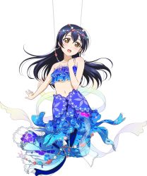 Rule 34 | 10s, 1girl, :o, animal print, bandeau, bare shoulders, blue hair, blush, brown eyes, circlet, fish print, floral print, frills, hair between eyes, hand on own chest, jewelry, long hair, looking at viewer, love live!, love live! school idol festival, love live! school idol project, mermaid, midriff, monster girl, navel, official art, open mouth, seashell, shell, solo, sonoda umi, third-party edit, transparent background