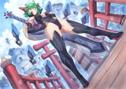 Rule 34 | 1girl, armpits, black footwear, black leotard, boots, breasts, bridge, cameltoe, cleavage cutout, cleft of venus, clothing cutout, cloud, cloudy sky, curly hair, day, fantasy, floating, floating object, floating weapon, full body, fur trim, gluteal fold, greatsword, green eyes, green hair, hair between eyes, hands on own hips, high heel boots, high heels, highleg, highleg leotard, highres, kunai, leotard, levitation, magic, mogudan, monster hunter (series), one-punch man, outdoors, parted lips, psychic, short hair, sketch, sky, small breasts, solo, standing, sword, sword behind back, tatsumaki, telekinesis, thigh boots, thighhighs, torii, weapon, weapon on back, wooden bridge