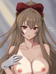 Rule 34 | 1girl, 2020, artist request, azur lane, bow, breasts, gloves, hair between eyes, hair bow, hand on own chest, highres, large breasts, light brown hair, long hair, looking at viewer, nipples, nude, red bow, red eyes, simple background, solo, swiftsure (azur lane), upper body, white gloves