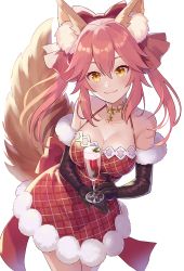 Rule 34 | 1girl, animal ear fluff, animal ears, bare shoulders, black gloves, blush, bow, breasts, christmas, cleavage, dress, elbow gloves, fate/extra, fate (series), fox ears, fox girl, fox tail, gloves, hair bow, iincho (airi8751), large breasts, long hair, looking at viewer, pink hair, red dress, sidelocks, smile, tail, tamamo (fate), tamamo no mae (fate/extra), thighs, twintails, yellow eyes