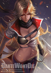 Rule 34 | 1girl, armor, artist name, ashes, bandages, bandaged arm, bandages, belt, black gloves, black scarf, blonde hair, breastplate, breasts, broken, broken chain, buckle, chain, chain, cleavage, clenched hand, collar, collarbone, cowboy shot, cuffs, dantewontdie, expressionless, gloves, horns, hoshiguma yuugi, jacket, large breasts, leggings, lips, long hair, midriff, navel, red eyes, scarf, shackles, short sleeves, shoulder pads, single horn, skin tight, solo, standing, stomach, touhou, tsurime, veins, very long hair, watermark, web address, white jacket