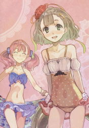 Rule 34 | 10s, 2girls, :d, atelier (series), atelier escha &amp; logy, bangle, bikini, blonde hair, blue bikini, blush, bracelet, breasts, cleavage, closed eyes, collarbone, cowboy shot, escha malier, female focus, green eyes, hair ornament, hairclip, halterneck, hidari (left side), highres, jewelry, lace, lucille ernella, medium breasts, multiple girls, navel, nose blush, official art, one-piece swimsuit, open mouth, pink background, pink hair, polka dot, polka dot swimsuit, scrunchie, short hair, small breasts, smile, striped bikini, striped clothes, swimsuit, thigh gap, twintails, underboob