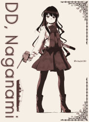 Rule 34 | 10s, 1girl, black hair, boots, border, commentary, full body, grey background, high heel boots, high heels, highres, historical name connection, holding, holding torpedo, holding turret, kantai collection, light smile, long hair, monochrome, multicolored hair, naganami (destroyer), naganami (kancolle), name connection, pantyhose, silhouette, simple background, skirt, solo, torpedo, tsubasa (abchipika), turret, twitter username, two-tone hair, very long hair, vest, wavy hair