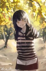 Rule 34 | 1girl, absurdres, alternate costume, alternate hair color, arm behind back, autumn leaves, black hair, black skirt, blurry, blurry background, branch, brown hoodie, collared shirt, commentary, cowboy shot, day, drawstring, earrings, english commentary, grin, tucking hair, highres, hololive, hololive english, hood, hoodie, jewelry, long hair, long sleeves, looking at viewer, mayushuuu, outdoors, shiori novella, shirt, skirt, smile, solo, standing, striped clothes, striped hoodie, stud earrings, sunlight, tree, twitter username, untucked shirt, virtual youtuber, white shirt, yellow eyes