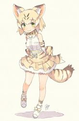 Rule 34 | 1girl, animal ear fluff, animal ears, animal print, ankle socks, arms behind back, back bow, bare shoulders, beige background, belt, blonde hair, blush, bow, breast pocket, cat ears, cat girl, cat tail, contrapposto, dot nose, elbow gloves, extra ears, footwear bow, full body, gloves, green eyes, hair between eyes, hatagaya, high-waist skirt, kemono friends, leg up, looking at viewer, miniskirt, mixed media, petticoat, pleated skirt, pocket, print bow, print gloves, print skirt, print socks, sand cat (kemono friends), sand cat print, shirt, shirt tucked in, shoes, short hair, signature, simple background, skirt, sleeveless, sleeveless shirt, socks, solo, striped tail, tail, tareme, traditional media, white belt, white footwear, yellow bow, yellow eyes