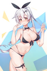 Rule 34 | 1girl, aningay, arched back, bikini, black bikini, bow, bowtie, breasts, brown eyes, cleavage, collarbone, commentary, contrapposto, cowboy shot, detached collar, earrings, five-seven (cruise queen) (girls&#039; frontline), five-seven (girls&#039; frontline), girls&#039; frontline, hair ornament, hair ribbon, halterneck, highres, jewelry, large breasts, leg ribbon, long hair, looking at viewer, multi-strapped bikini, navel, official alternate costume, ponytail, ribbon, silver hair, simple background, single earring, solo, standing, swimsuit, thigh ribbon, very long hair