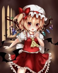 Rule 34 | 1girl, :o, ascot, bad id, bad pixiv id, bat (animal), blonde hair, flandre scarlet, hallway, hand on own face, hat, hat ribbon, looking at viewer, mob cap, open mouth, puffy short sleeves, puffy sleeves, red eyes, ribbon, rinne (kouheiramia), short hair, short sleeves, side ponytail, skirt, skirt set, solo, touhou, window, wings