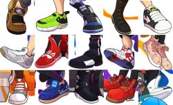 Rule 34 | 6+others, character sheet, dynamo-deepblue, highres, ink, multiple others, nintendo, shoelaces, shoes, shoes focus, sneakers, splatoon (series)