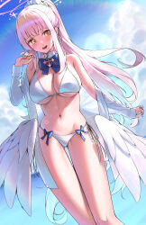 Rule 34 | 1girl, absurdres, alternate costume, alternate hairstyle, bare shoulders, bikini, blue archive, bow, bowtie, breasts, cleavage, day, detached collar, feathered wings, gluteal fold, halo, halterneck, hand up, highres, jacket, large breasts, long hair, long legs, long sleeves, looking at viewer, low wings, mika (blue archive), navel, off shoulder, open clothes, open jacket, open mouth, outdoors, pink hair, ponytail, sbgu, side-tie bikini bottom, smile, solo, stomach, string bikini, sunlight, swimsuit, thigh gap, thighs, very long hair, white bikini, white jacket, wings, yellow eyes