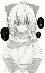 Rule 34 | 1girl, bandaid, bandaid on face, bare shoulders, bow, bruise, crop top, cropped shirt, cropped sweater, hair bow, highres, injury, layered sleeves, long sleeves, monochrome, mushoku loli, mushoku loli (character), original, short over long sleeves, short sleeves, strap slip, sweat, tears, translation request
