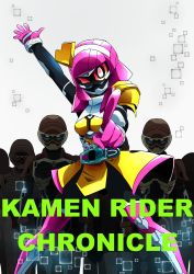 Rule 34 | 1girl, absurdres, armor, belt, highres, kamen rider, kamen rider ex-aid (series), kamen rider poppi, one eye closed, otokamu, outstretched arms, pointing, poppi pipopapo, ride player, spoilers
