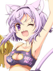 Rule 34 | 1girl, :3, :d, ahoge, animal ear fluff, animal ears, arm up, armpits, blush, bra, breasts, cat cutout, cat ears, cat tail, character name, cheerleader, cleavage, cleavage cutout, closed eyes, clothes writing, clothing cutout, collarbone, commentary request, crossed bangs, fang, hair between eyes, hairband, heart cutout, highres, hololive, light purple hair, long hair, looking at viewer, meme attire, navel, nekomata okayu, one eye closed, open mouth, pom pom (cheerleading), poruneko, purple eyes, purple hair, purple hairband, purple shirt, purple sports bra, shirt, short hair, simple background, skin fang, smile, solo, sports bra, tail, taut clothes, underwear, upper body, virtual youtuber, white background