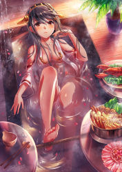 Rule 34 | 10s, 1991 (blz), 1girl, bare shoulders, barefoot, bath, black hair, blush, cherry blossoms, chopsticks, clothed bath, dated, detached sleeves, feet, food, hair ornament, hairband, hairclip, haruna (kancolle), highres, hotpot, japanese clothes, kantai collection, lobster, long hair, meat, mushroom, nontraditional miko, onsen, open clothes, parted lips, partially submerged, personification, petals, plant, ribbon-trimmed sleeves, ribbon trim, ripples, shiitake, soles, solo, toes, water, wooden floor