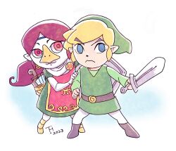 Rule 34 | 1boy, 1girl, beak, blonde hair, dated, full body, green hair, grey eyes, hand on another&#039;s shoulder, harp, highres, holding, holding sword, holding weapon, instrument, kujira gunsou, link, looking at viewer, medli, nintendo, pointy ears, pointy hat, red eyes, red hair, rito, shield, signature, standing, sword, the legend of zelda, the legend of zelda: the wind waker, toon link, weapon