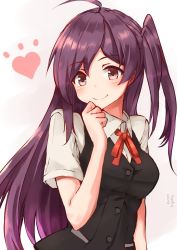 Rule 34 | 1girl, ahoge, black vest, commentary request, dress shirt, hagikaze (kancolle), heart, highres, izumikuma, kantai collection, long hair, neck ribbon, one-hour drawing challenge, one side up, purple eyes, purple hair, red ribbon, ribbon, school uniform, shirt, simple background, smile, solo, upper body, vest, white background, white shirt