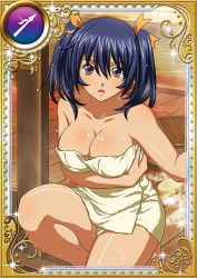 Rule 34 | 00s, 1girl, bashoku youjou, bath, blue hair, blush, breasts, card (medium), cleavage, female focus, hair ornament, ikkitousen, large breasts, looking at viewer, nude, open mouth, purple eyes, shiny skin, short twintails, sitting, solo, towel, twintails, water, wet