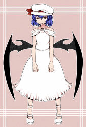 Rule 34 | 1girl, alternate costume, aoshima, arms at sides, bat wings, brooch, collarbone, commentary request, dress, hat, highres, jewelry, light purple hair, looking at viewer, mob cap, off shoulder, red eyes, remilia scarlet, short hair, solo, touhou, uu~, white dress, wings
