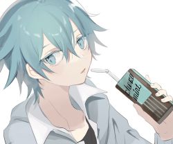 Rule 34 | 1boy, blue eyes, blue hair, carton, chocolate mint, chongyun (genshin impact), collarbone, collared shirt, colored eyelashes, commentary request, drink, drinking straw, genshin impact, grey shirt, hair between eyes, hand up, holding, holding drink, looking at viewer, male focus, mint chocolate, open clothes, open mouth, open shirt, portrait, shirt, short hair, simple background, solo, white background, yoko (nz g)