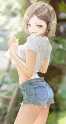 Rule 34 | 1girl, absurdres, blurry, blurry background, blush, breasts, brown eyes, brown hair, clothes lift, commentary, day, denim, denim shorts, depth of field, hands up, highres, hwoi (hw 123), lifted by self, looking at viewer, medium breasts, original, outdoors, shirt, shirt lift, short hair, short shorts, short sleeves, shorts, smile, solo, standing, t-shirt, white shirt