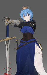 Rule 34 | 1girl, absurdres, alternate costume, alternate hairstyle, armor, belt, blood, blue eyes, blue hair, braid, corset, crown, french braid, garter straps, gauntlets, grey background, highres, hololive, hoshimachi suisei, mibe (suiseichu), parted lips, see-through, see-through skirt, simple background, skirt, solo, star (symbol), star in eye, sword, symbol in eye, thighhighs, thighs, virtual youtuber, weapon, zettai ryouiki